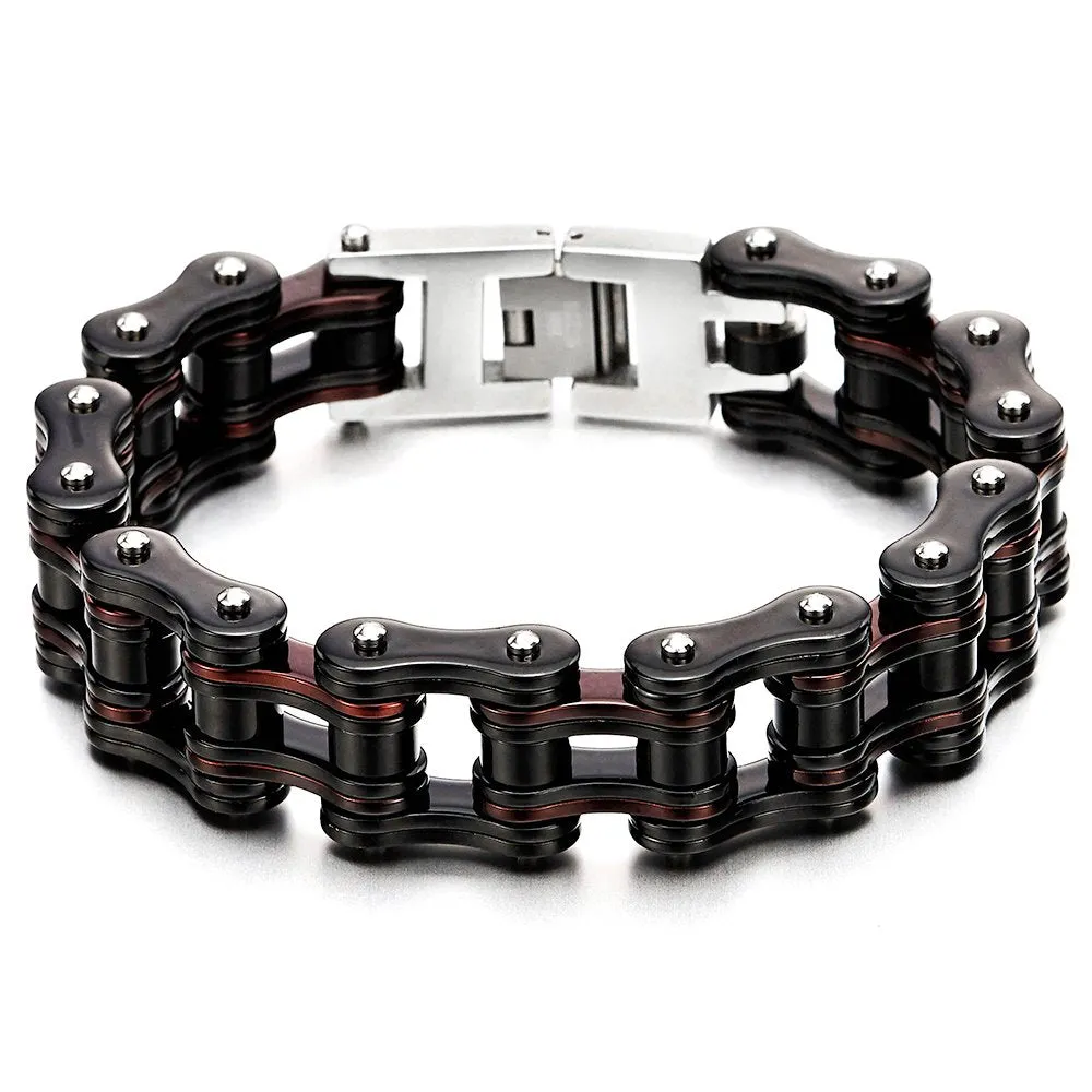 COOLSTEELANDBEYOND Masculine Mens Bike Chain Bracelet of Stainless Steel Two-Tone Polished