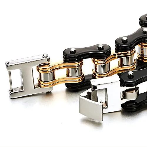 COOLSTEELANDBEYOND Masculine Mens Bike Chain Bracelet of Stainless Steel Two-Tone Polished