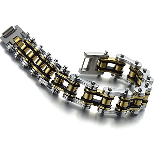 COOLSTEELANDBEYOND Masculine Mens Bike Chain Bracelet of Stainless Steel Two-Tone Polished