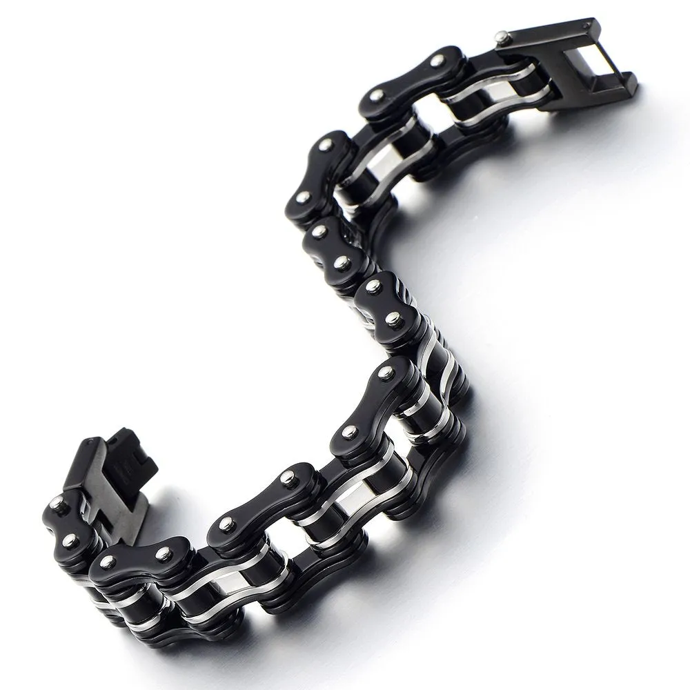 COOLSTEELANDBEYOND Masculine Mens Bike Chain Bracelet of Stainless Steel Two-Tone Polished