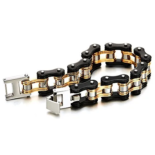 COOLSTEELANDBEYOND Masculine Mens Bike Chain Bracelet of Stainless Steel Two-Tone Polished