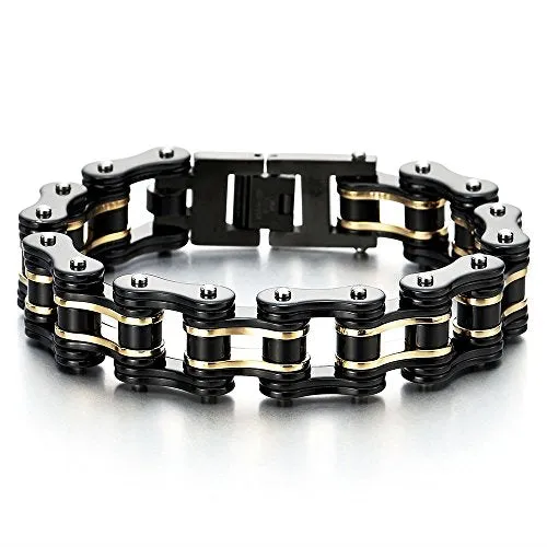 COOLSTEELANDBEYOND Masculine Mens Bike Chain Bracelet of Stainless Steel Two-Tone Polished