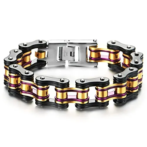 COOLSTEELANDBEYOND Masculine Mens Bike Chain Bracelet of Stainless Steel Two-Tone Polished