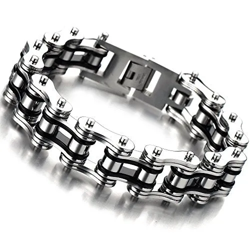 COOLSTEELANDBEYOND Masculine Mens Bike Chain Bracelet of Stainless Steel Two-Tone Polished