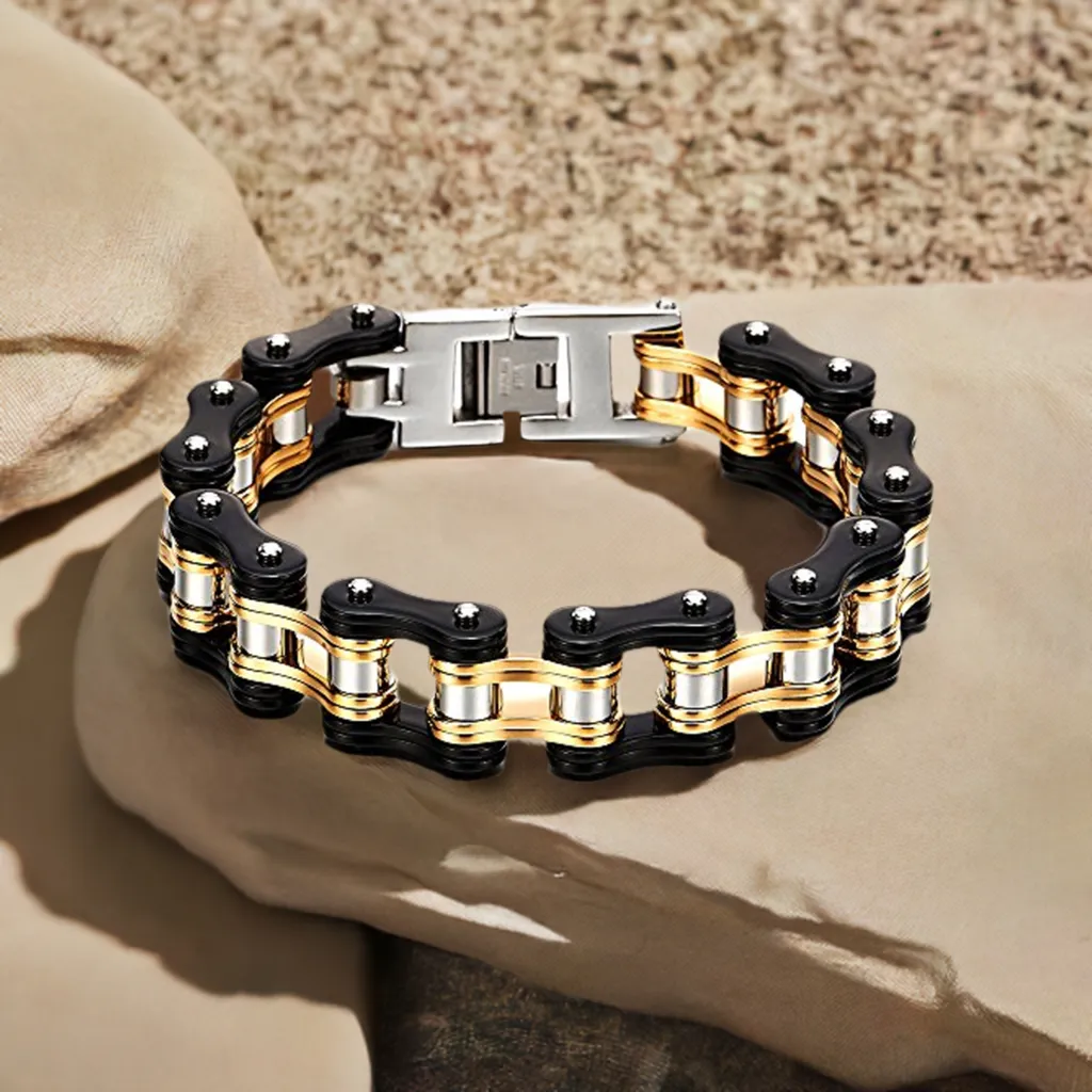 COOLSTEELANDBEYOND Masculine Mens Bike Chain Bracelet of Stainless Steel Two-Tone Polished
