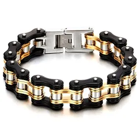 COOLSTEELANDBEYOND Masculine Mens Bike Chain Bracelet of Stainless Steel Two-Tone Polished