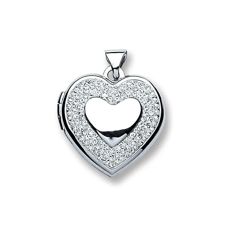 Crystal Heart Shaped Locket Pendant Necklace in 925 Sterling Silver
