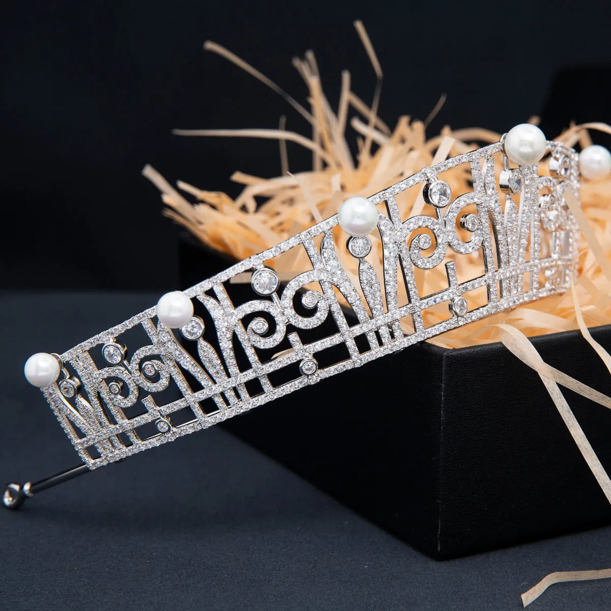 Cubic Zirconia Royal Replica Tiara for Wedding,Pearl Head Accessories for Girl CH10390
