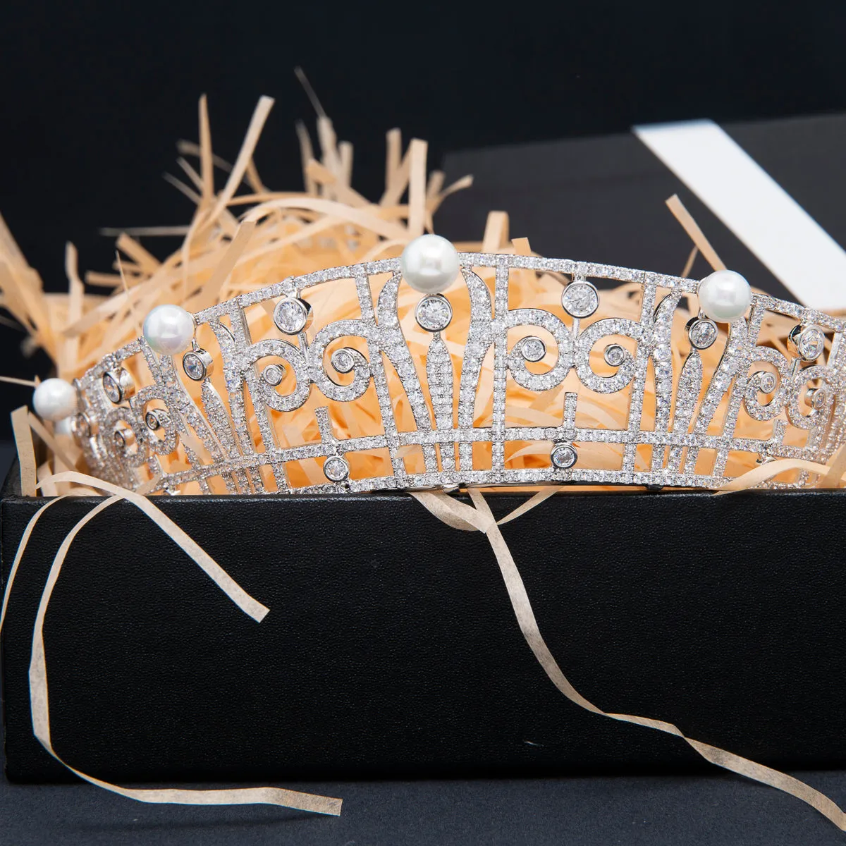 Cubic Zirconia Royal Replica Tiara for Wedding,Pearl Head Accessories for Girl CH10390