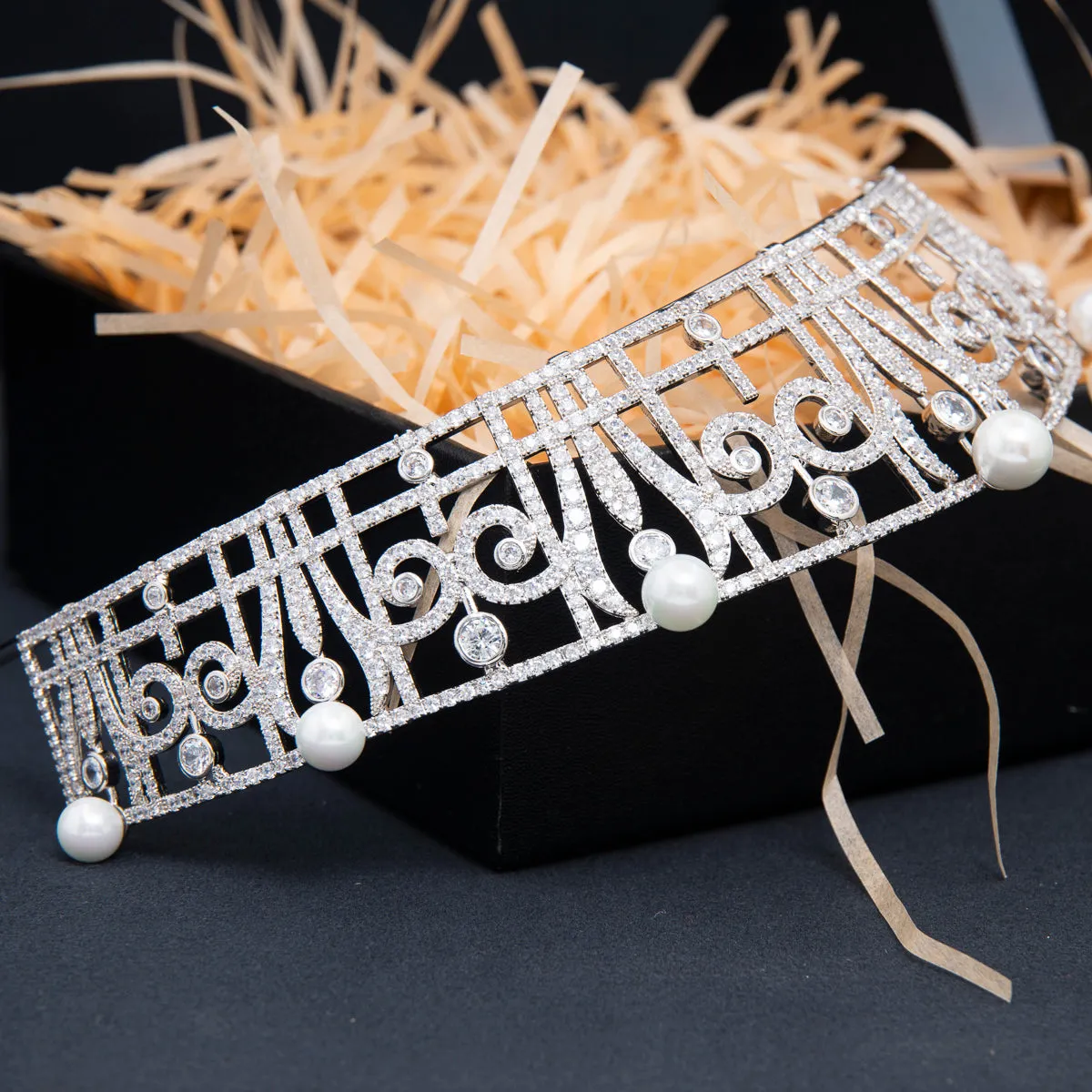 Cubic Zirconia Royal Replica Tiara for Wedding,Pearl Head Accessories for Girl CH10390
