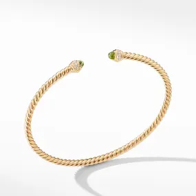 David Yurman Cable Spira Bracelet in 18K Gold with Peridot and Diamonds, 3mm