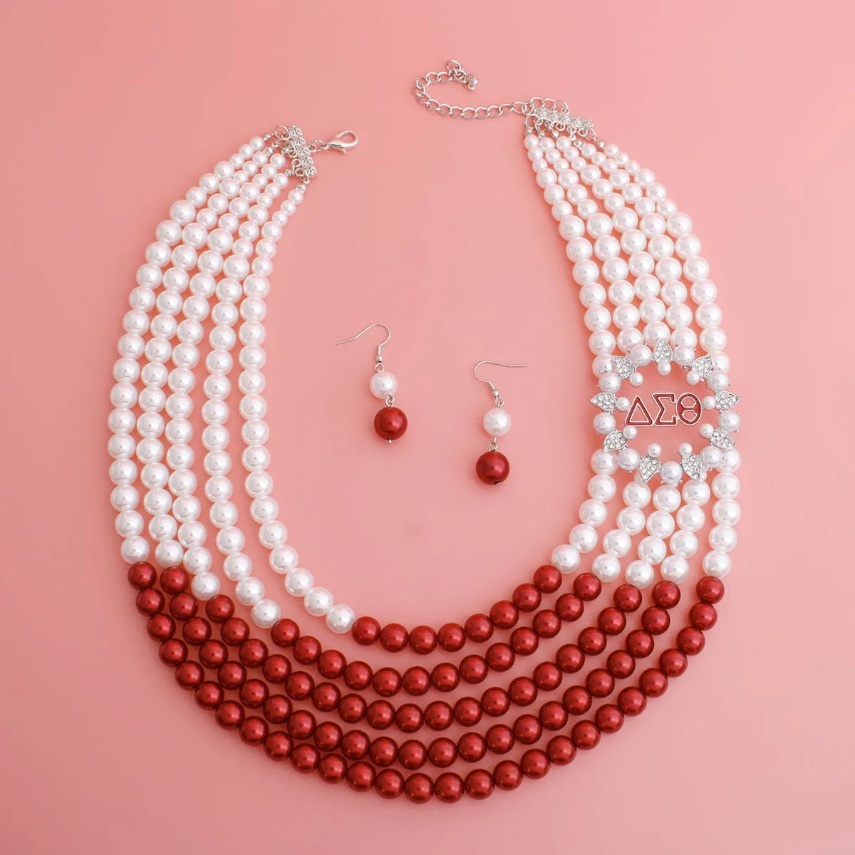 Delta Sigma Theta DST Inspired Mix Red White Pearls Delta Soror Necklace Set