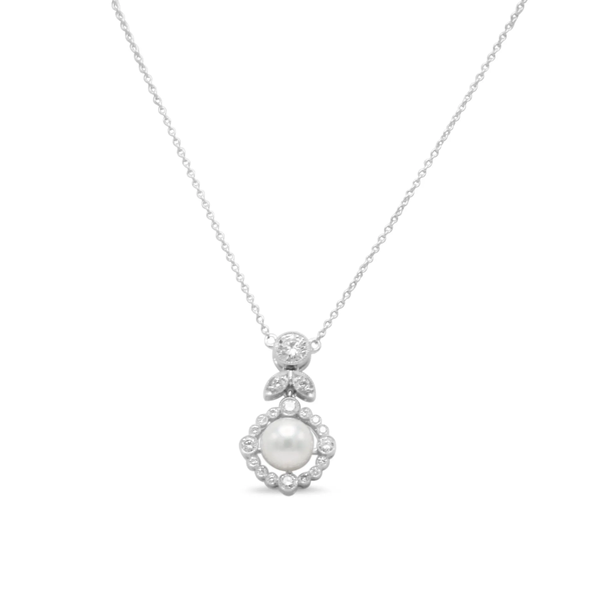 Diamond & Pearl Drop Flower Necklace - 18ct White Gold