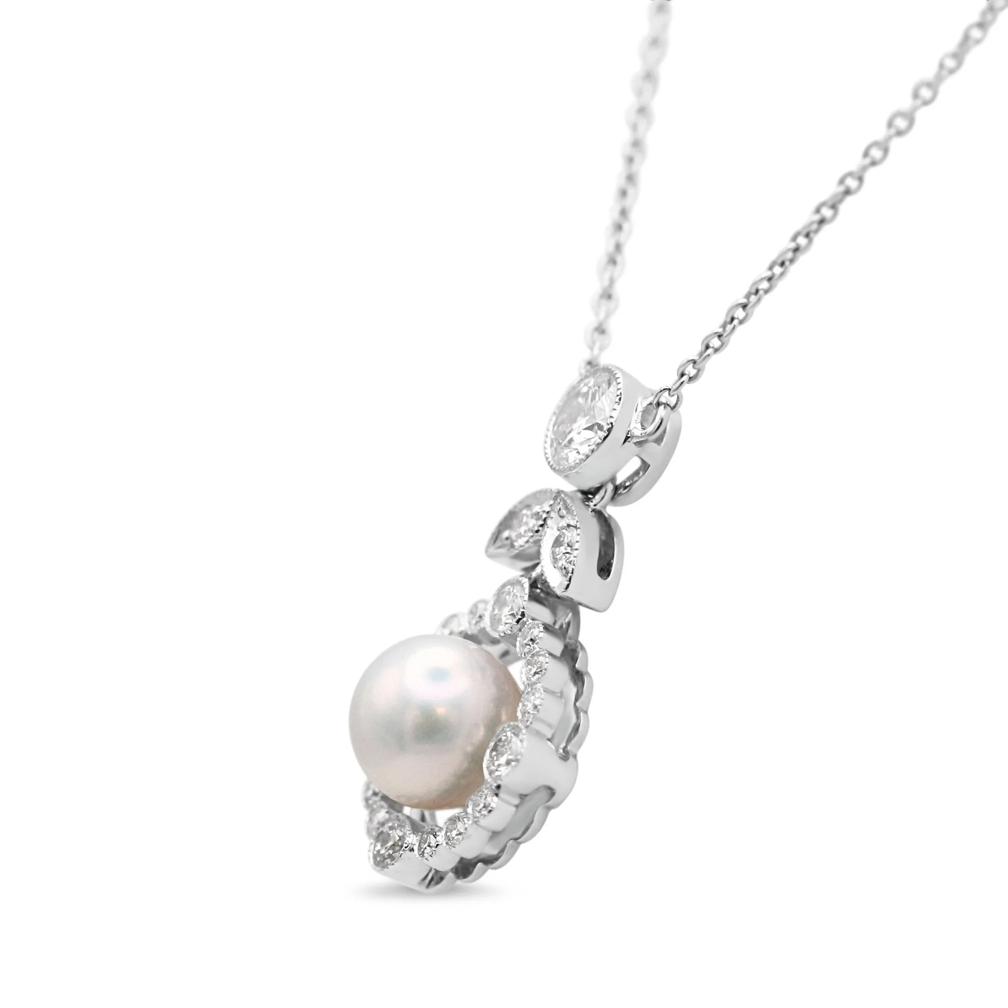 Diamond & Pearl Drop Flower Necklace - 18ct White Gold