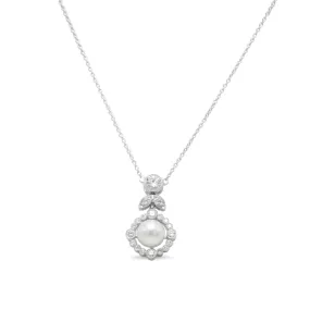 Diamond & Pearl Drop Flower Necklace - 18ct White Gold