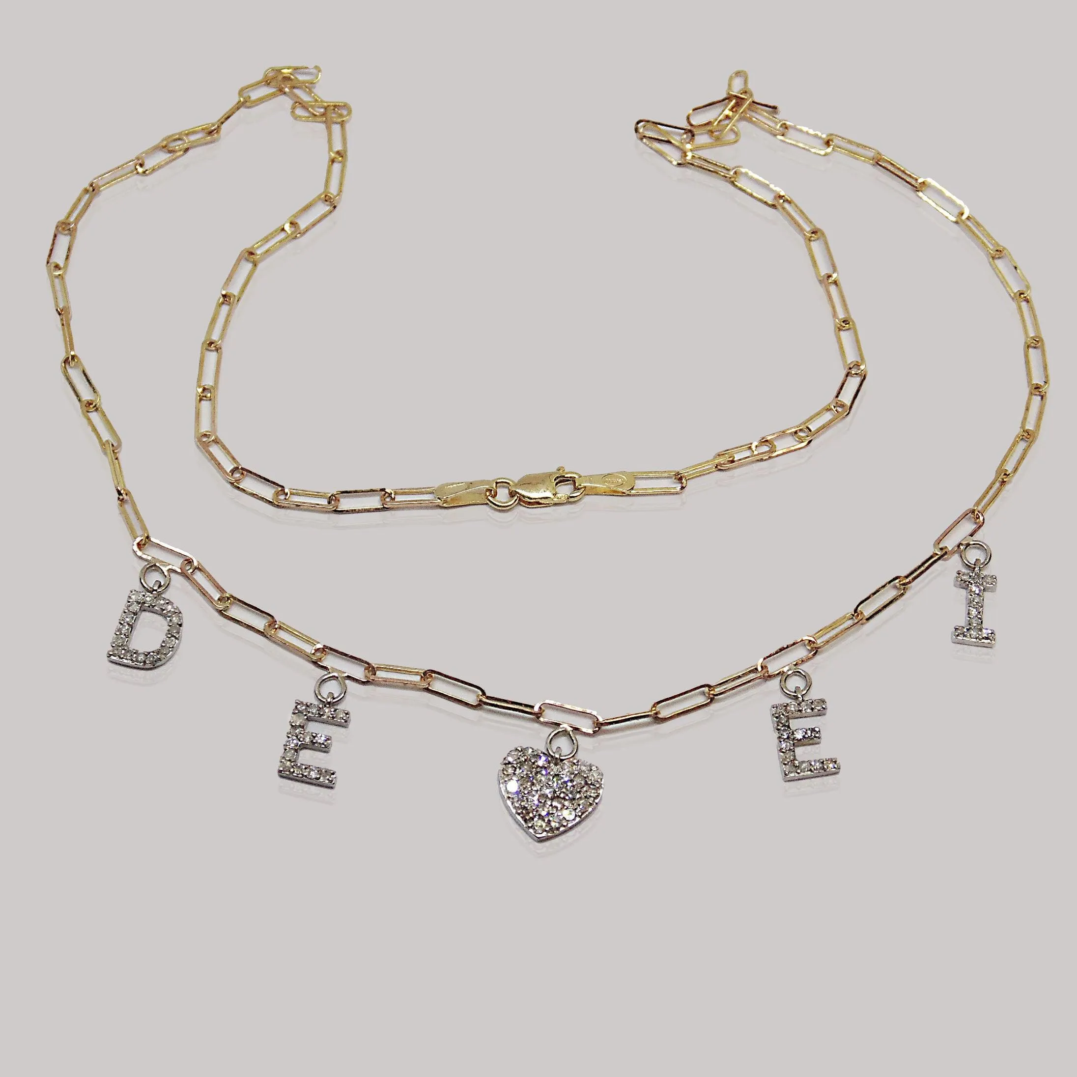 Diamond initial and heart family necklace