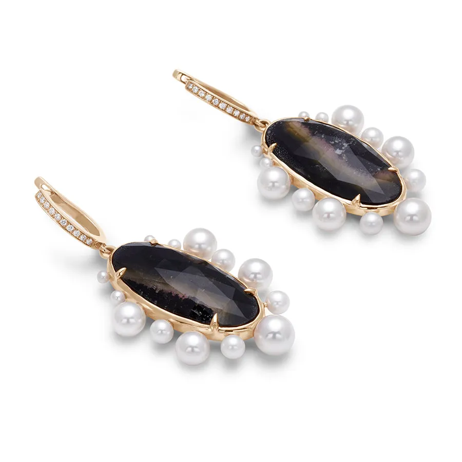 Doublet Drop Hoop Earrings - Yellow Gold, Quartz & Pearl