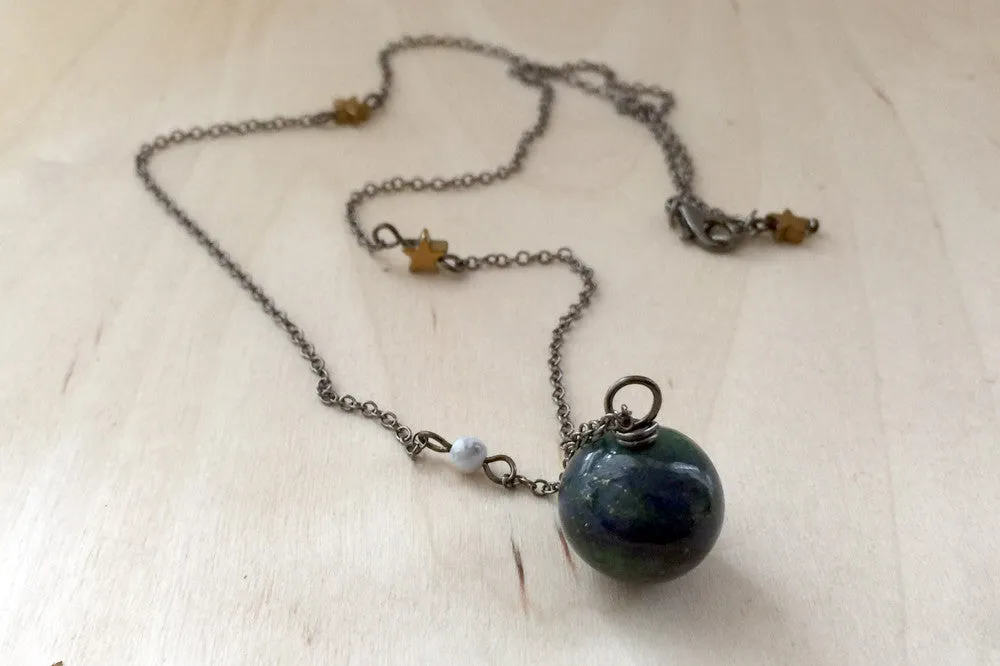 Earth & Moon Necklace | Gemstone Space Planet Necklace | Unique Science Pendant Necklace