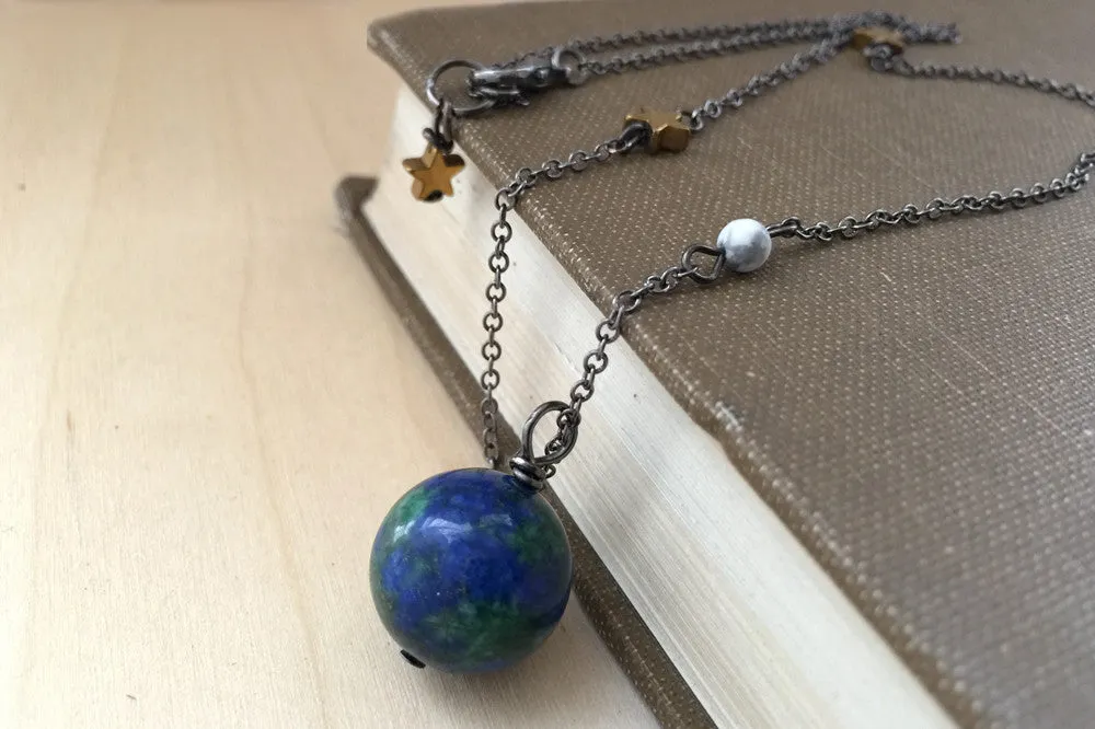 Earth & Moon Necklace | Gemstone Space Planet Necklace | Unique Science Pendant Necklace