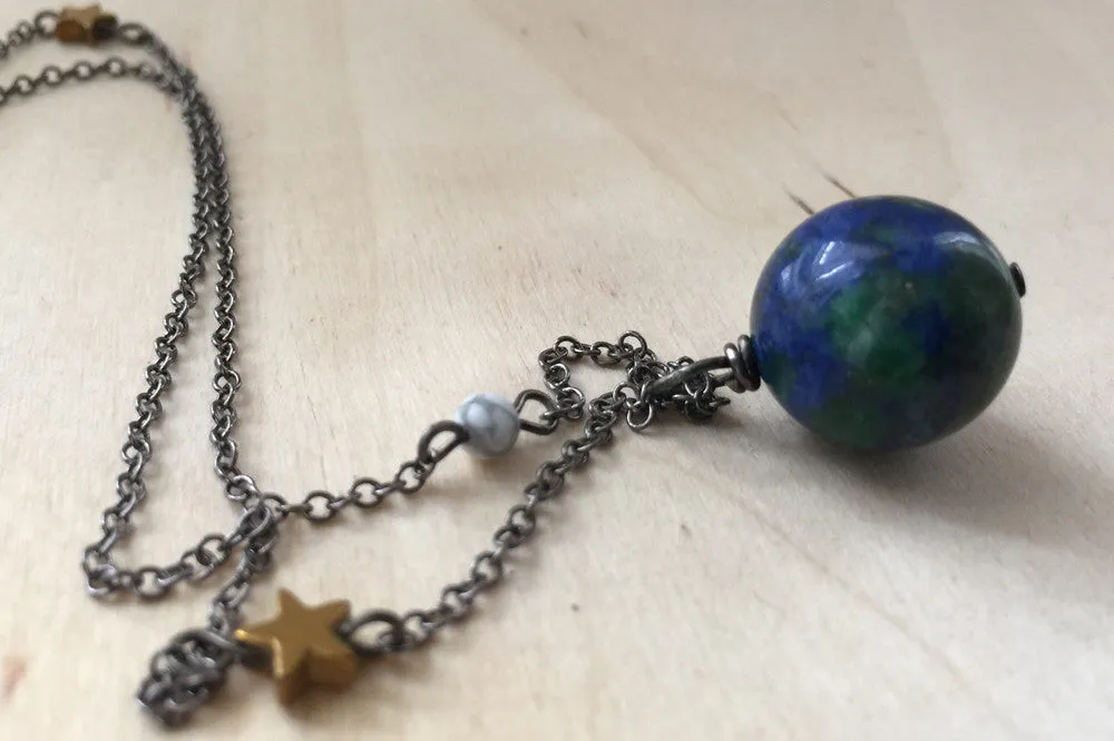 Earth & Moon Necklace | Gemstone Space Planet Necklace | Unique Science Pendant Necklace