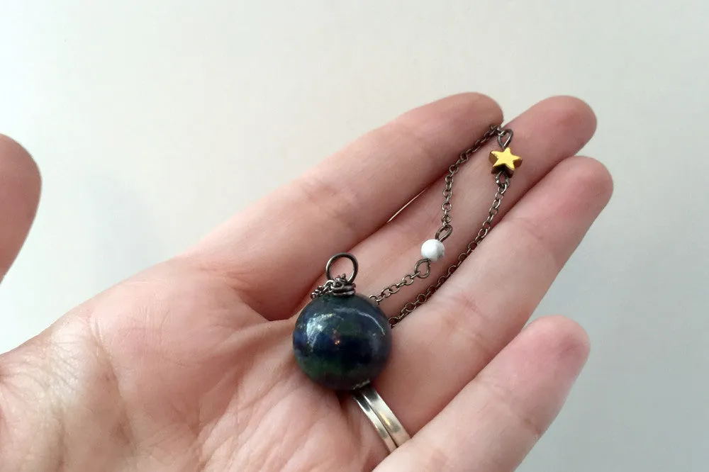 Earth & Moon Necklace | Gemstone Space Planet Necklace | Unique Science Pendant Necklace
