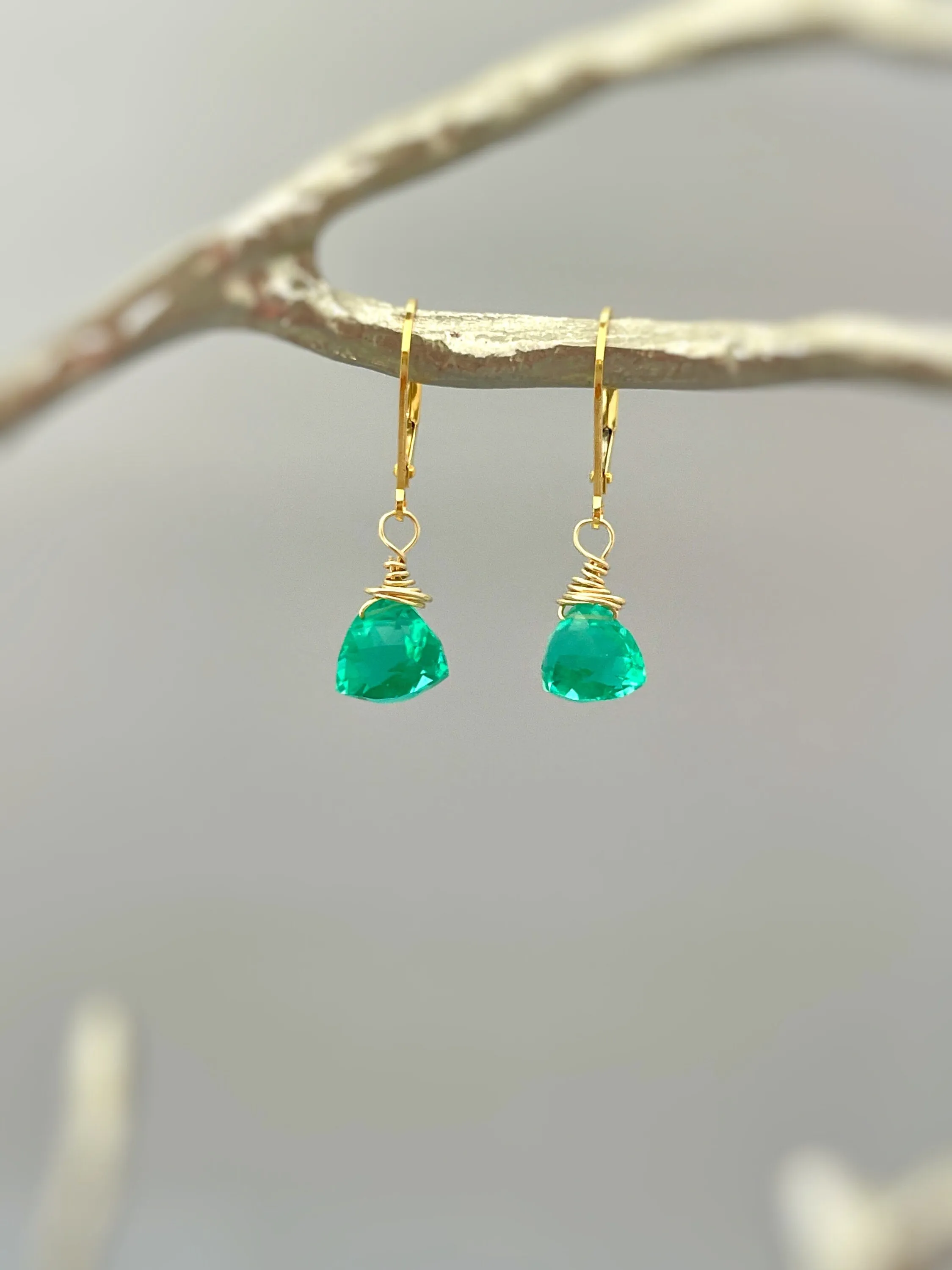Emerald Green Gemstone earrings dangle Sterling Silver, 14k gold,  Rose Gold Dainty drop crystal Quartz dangly birthstone handmade jewelry