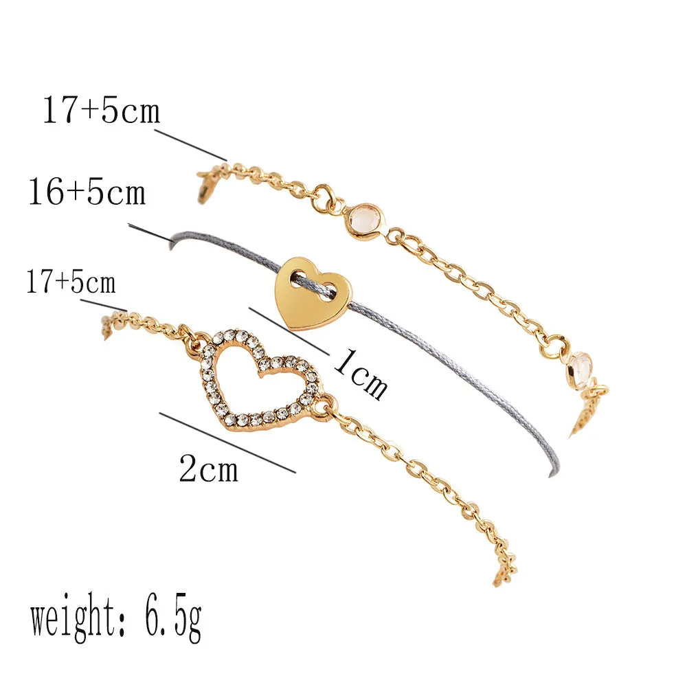European American And Korean Sweet Style Popular Fashion New Fully Jeweled Loving Heart Peach Heart Multi-layer Women's Bracelet Combination Set