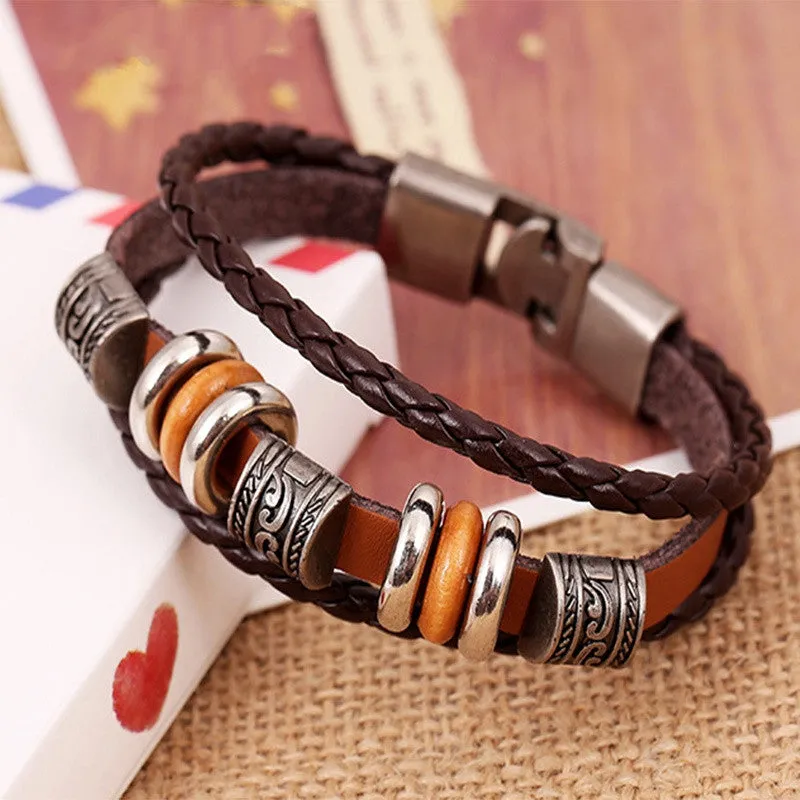 Fashion Men Jewelry Punk Vintage Braided Bracelets Bangles Handmade Leather Charm Bracelet Male Jewelry