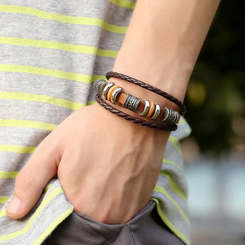 Fashion Men Jewelry Punk Vintage Braided Bracelets Bangles Handmade Leather Charm Bracelet Male Jewelry