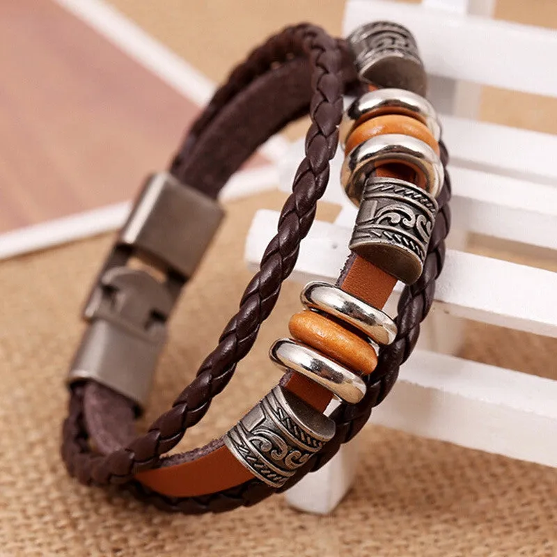 Fashion Men Jewelry Punk Vintage Braided Bracelets Bangles Handmade Leather Charm Bracelet Male Jewelry