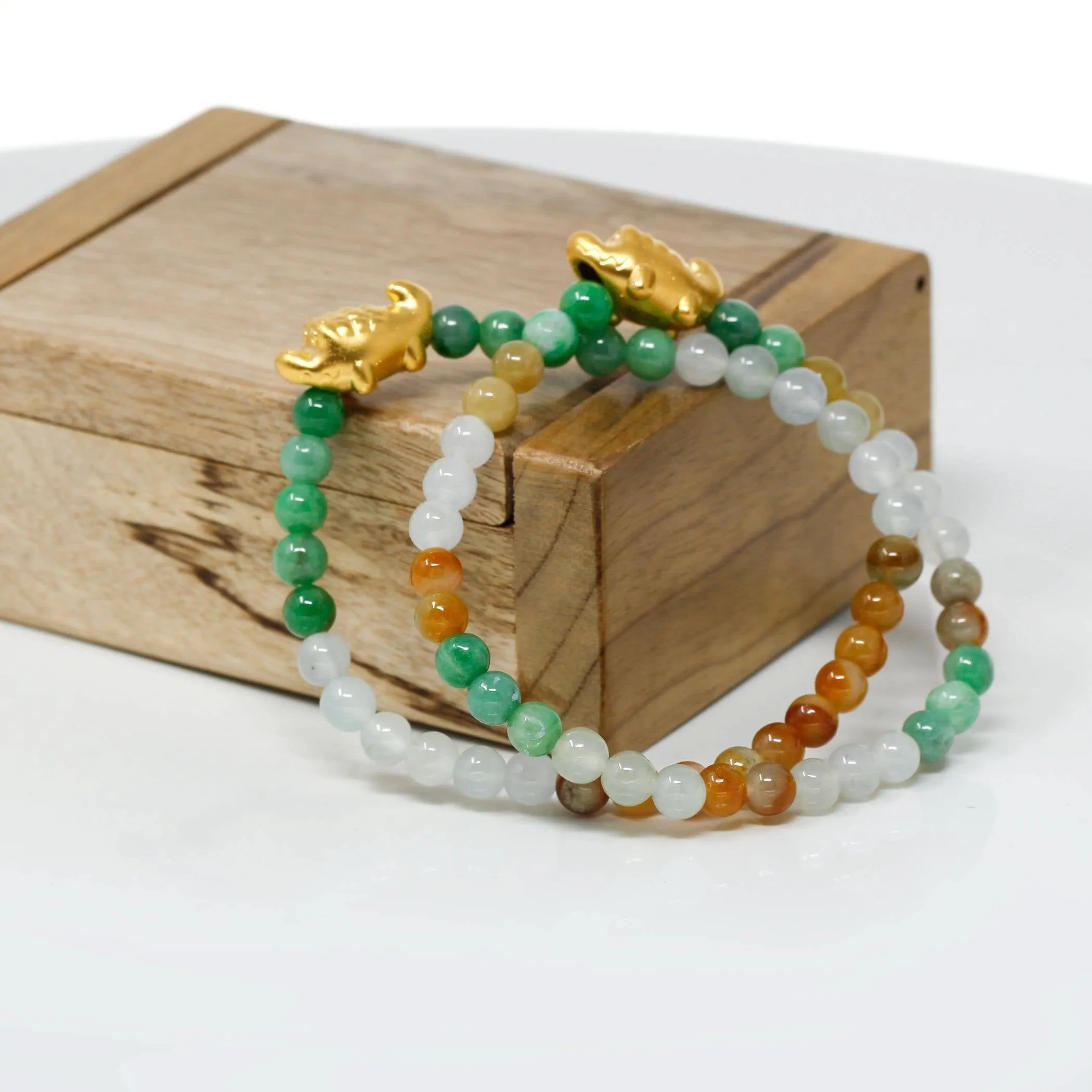 Genuine High-quality Jade Jadeite Bracelet Bangle with 24k Yellow Gold Crocodile Charm Colorful  #412