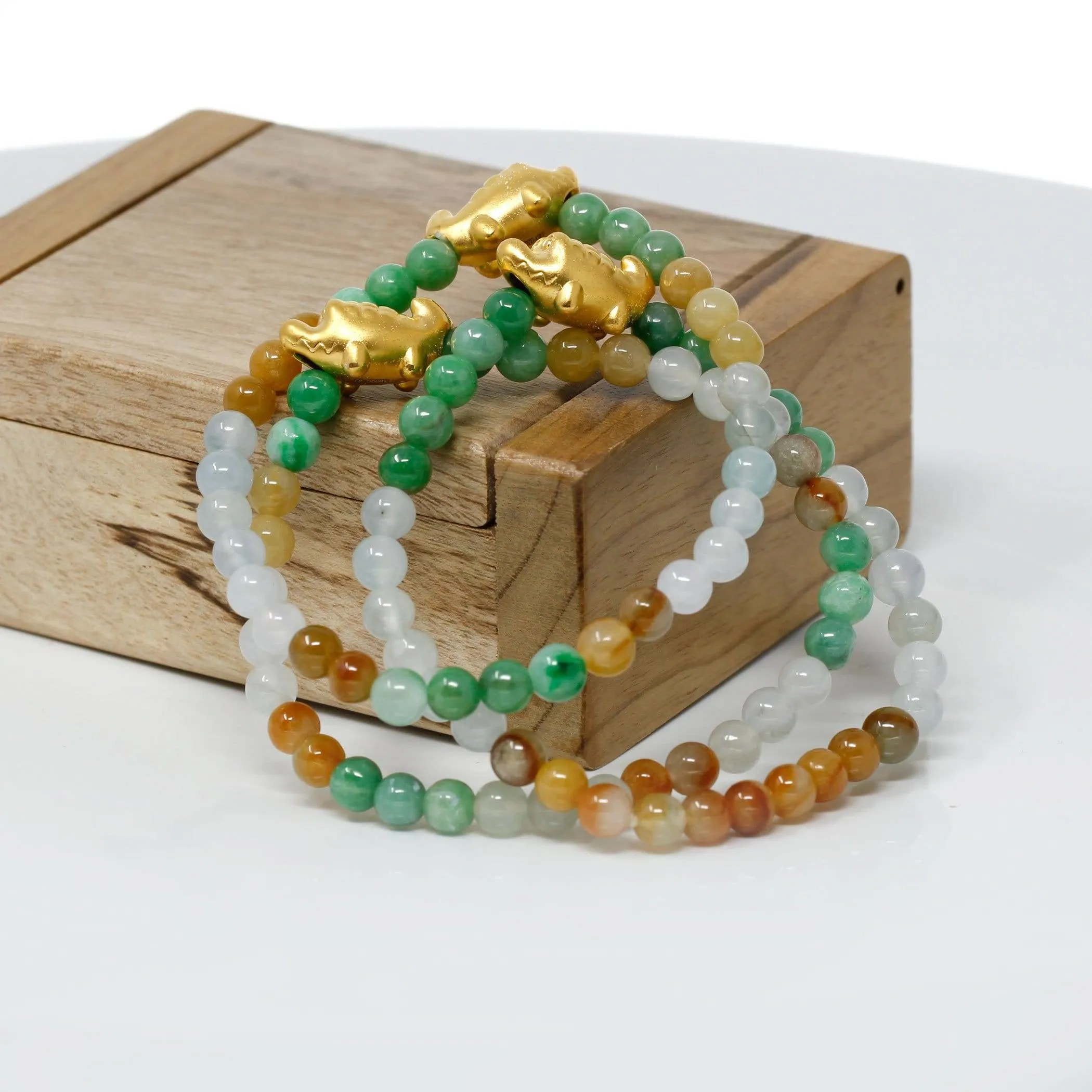 Genuine High-quality Jade Jadeite Bracelet Bangle with 24k Yellow Gold Crocodile Charm Colorful  #412