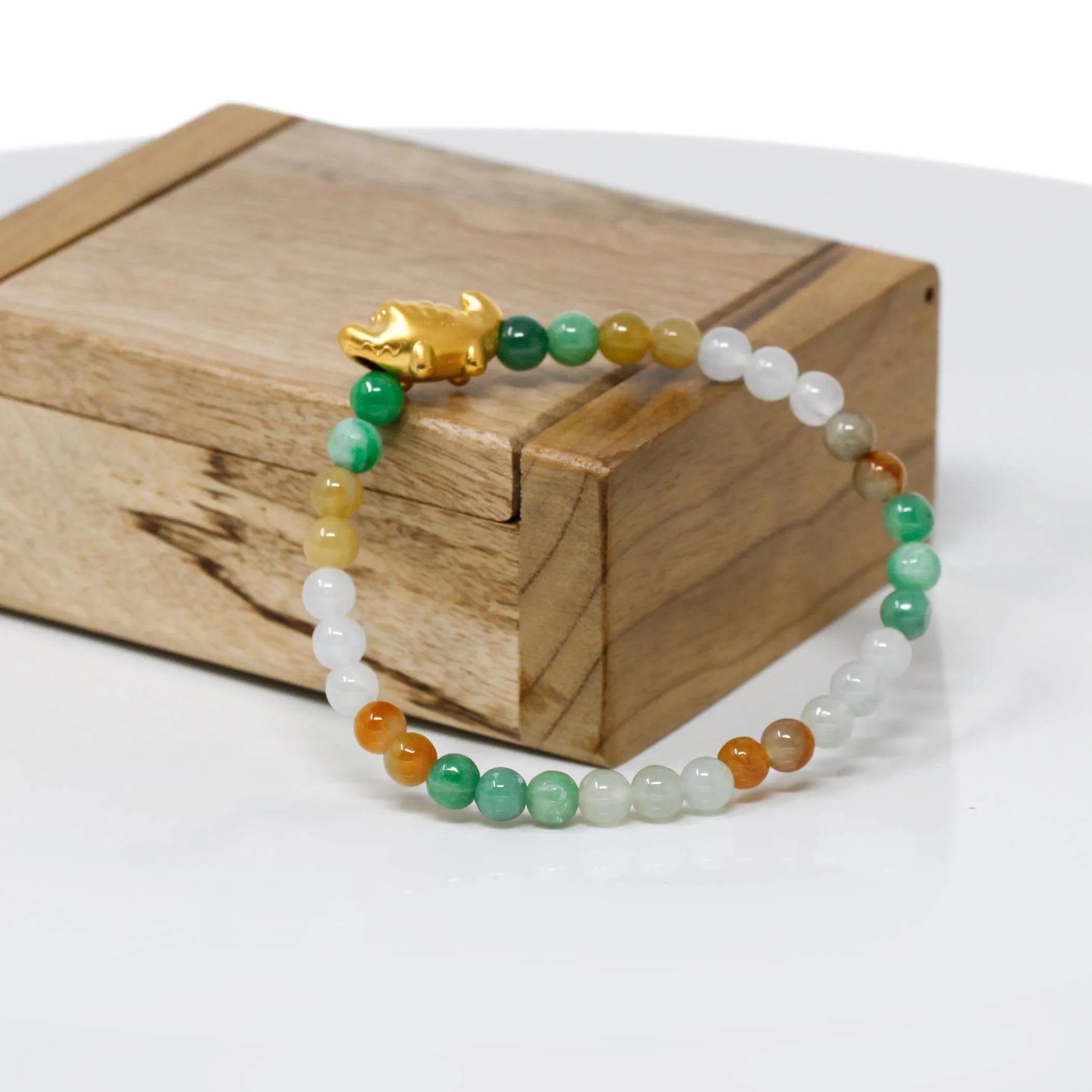 Genuine High-quality Jade Jadeite Bracelet Bangle with 24k Yellow Gold Crocodile Charm Colorful  #412