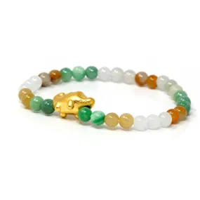 Genuine High-quality Jade Jadeite Bracelet Bangle with 24k Yellow Gold Crocodile Charm Colorful  #412