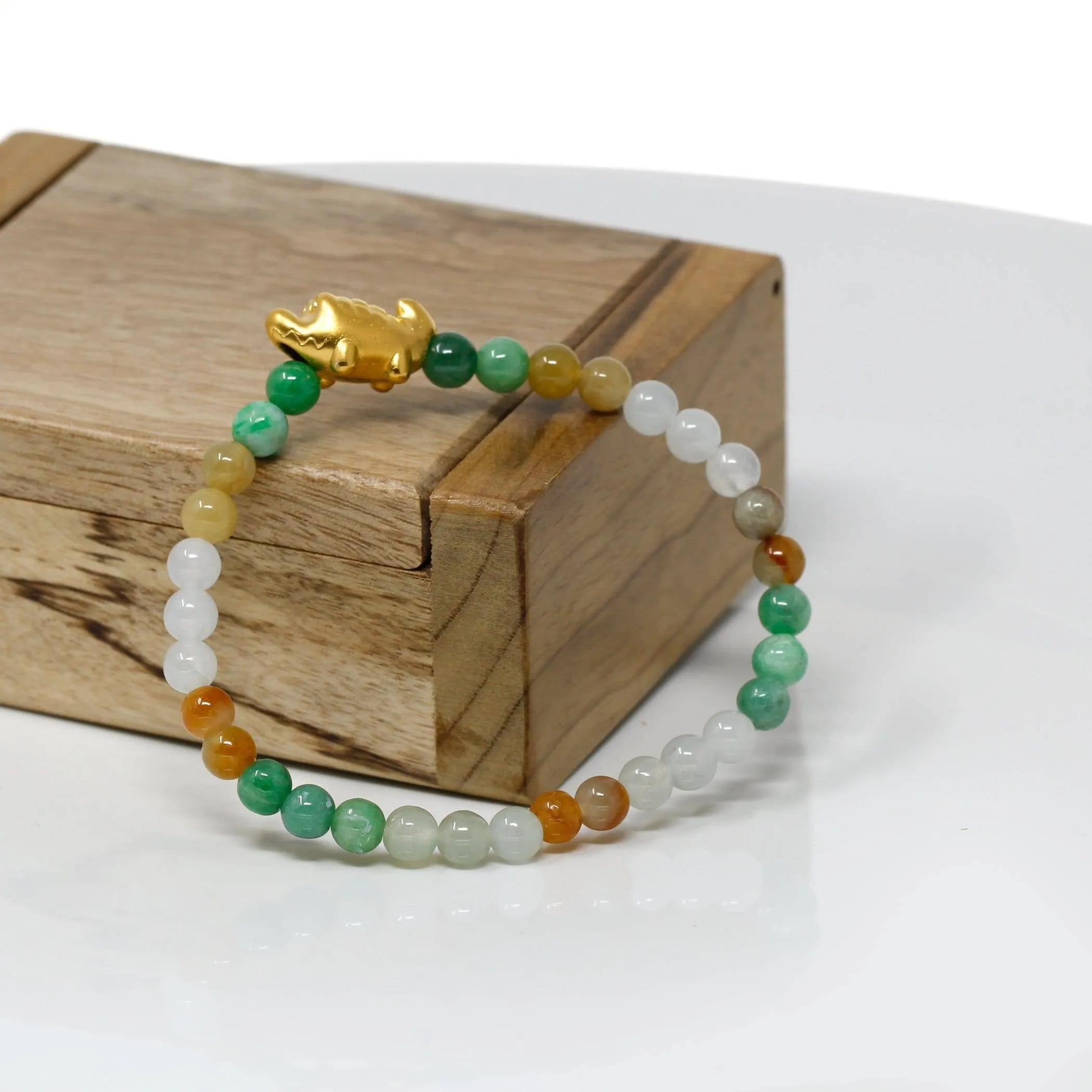 Genuine High-quality Jade Jadeite Bracelet Bangle with 24k Yellow Gold Crocodile Charm Colorful  #412