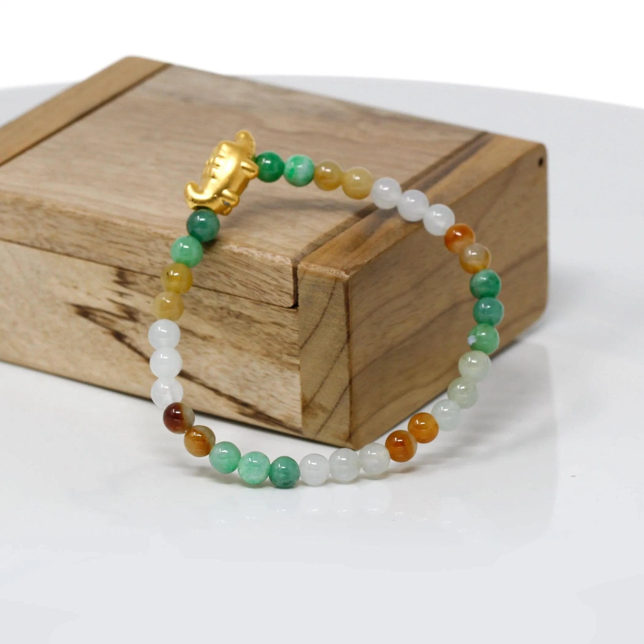 Genuine High-quality Jade Jadeite Bracelet Bangle with 24k Yellow Gold Crocodile Charm Colorful  #412