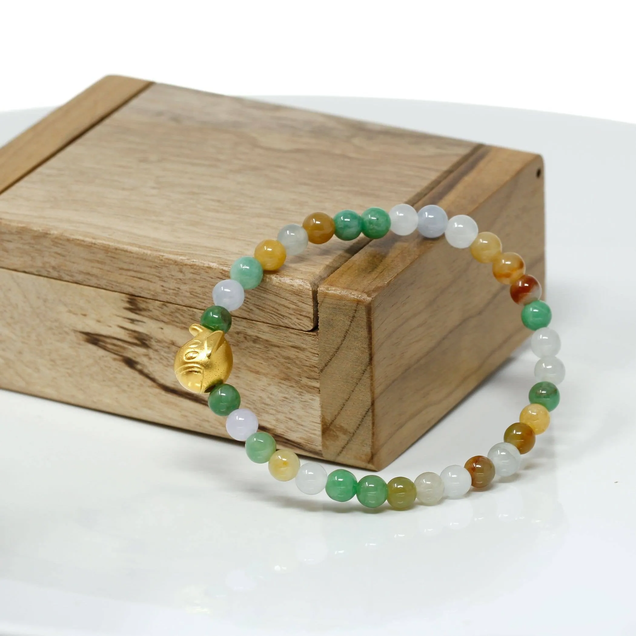 Genuine High-quality Jade Jadeite Bracelet Bangle with 24k Yellow Golden Duck Charm Colorful  #407