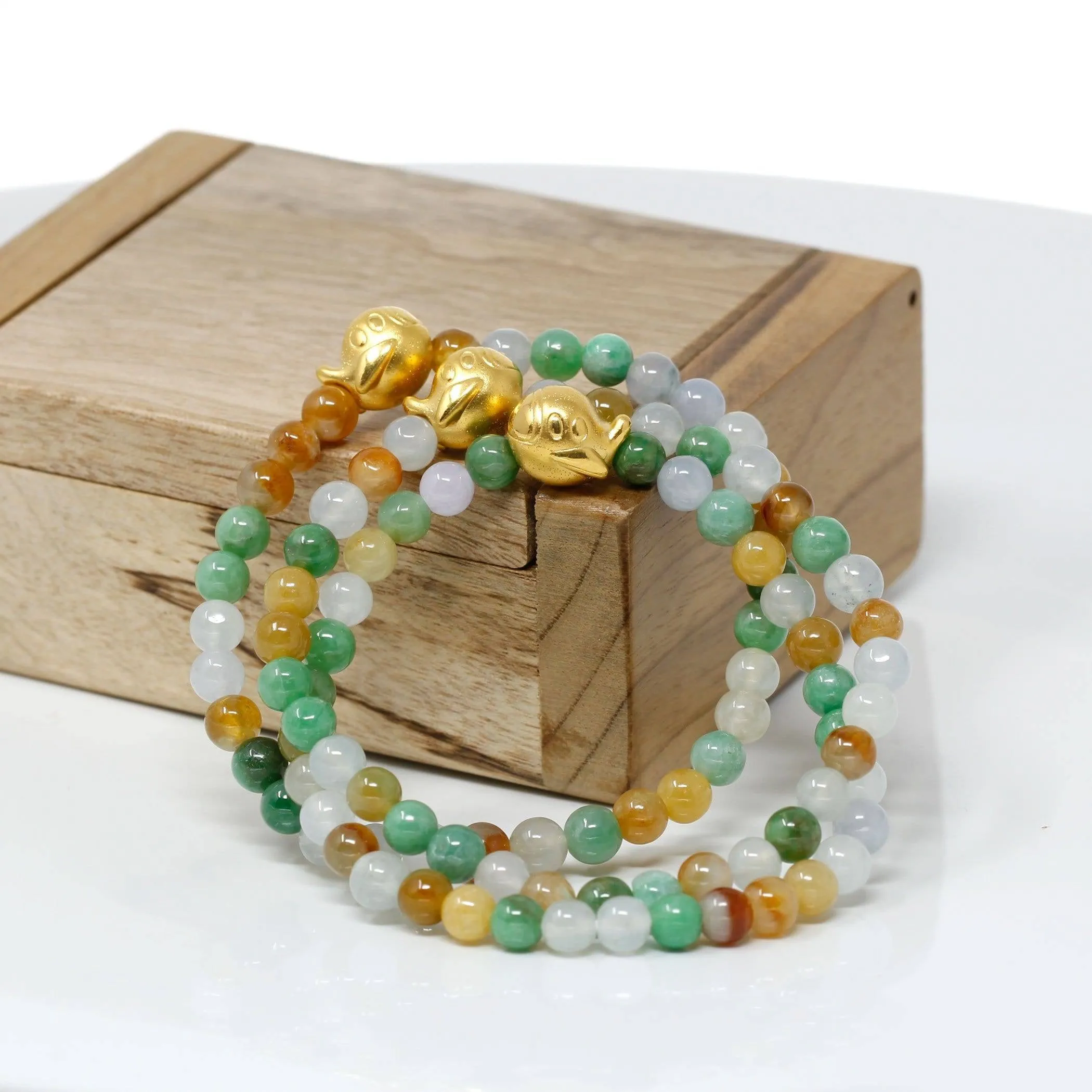 Genuine High-quality Jade Jadeite Bracelet Bangle with 24k Yellow Golden Duck Charm Colorful  #407