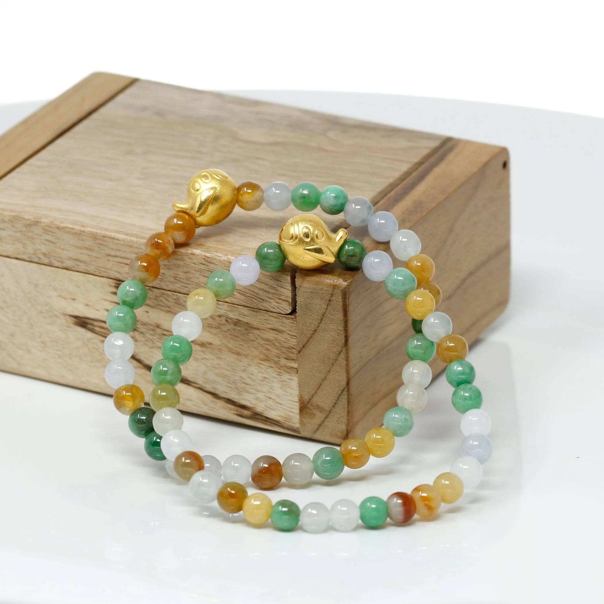 Genuine High-quality Jade Jadeite Bracelet Bangle with 24k Yellow Golden Duck Charm Colorful  #407
