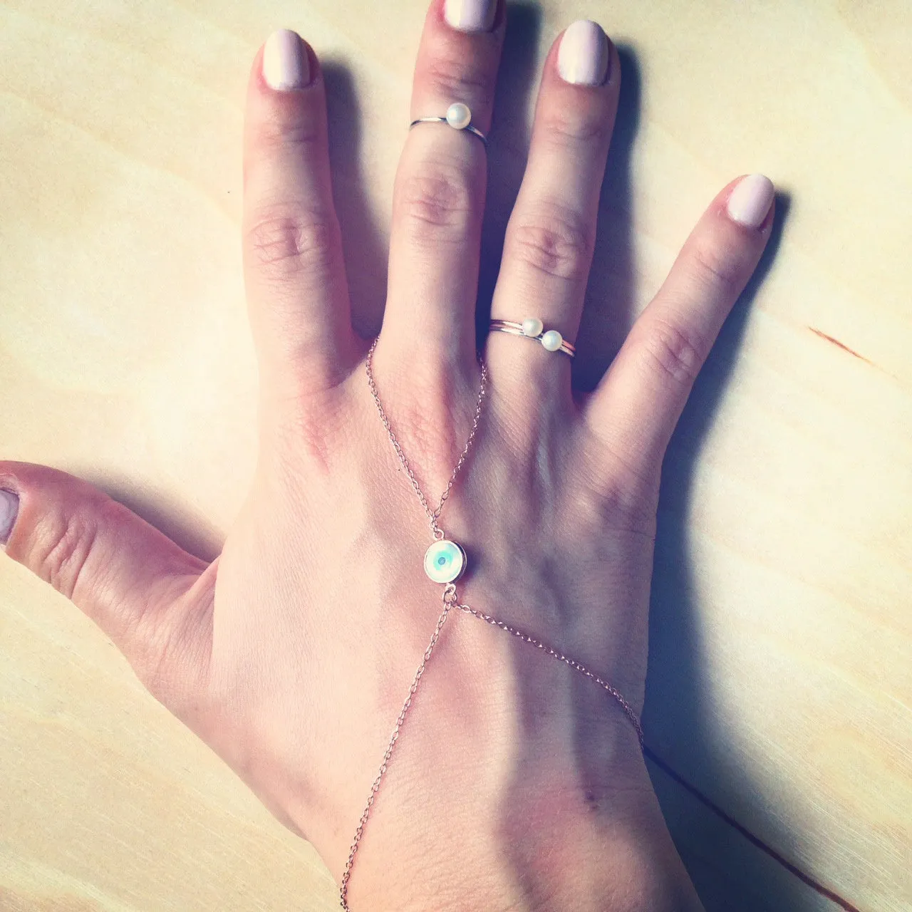 Gold-Dipped Hand Chain Bracelet with Blue Evil Eye