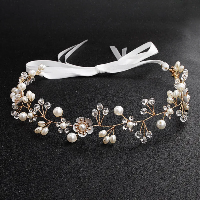Gold Pearl Rhinestone Flower Bridal Tiara Headdress Bohemian Bride Floral Tie Ribbon Headdress