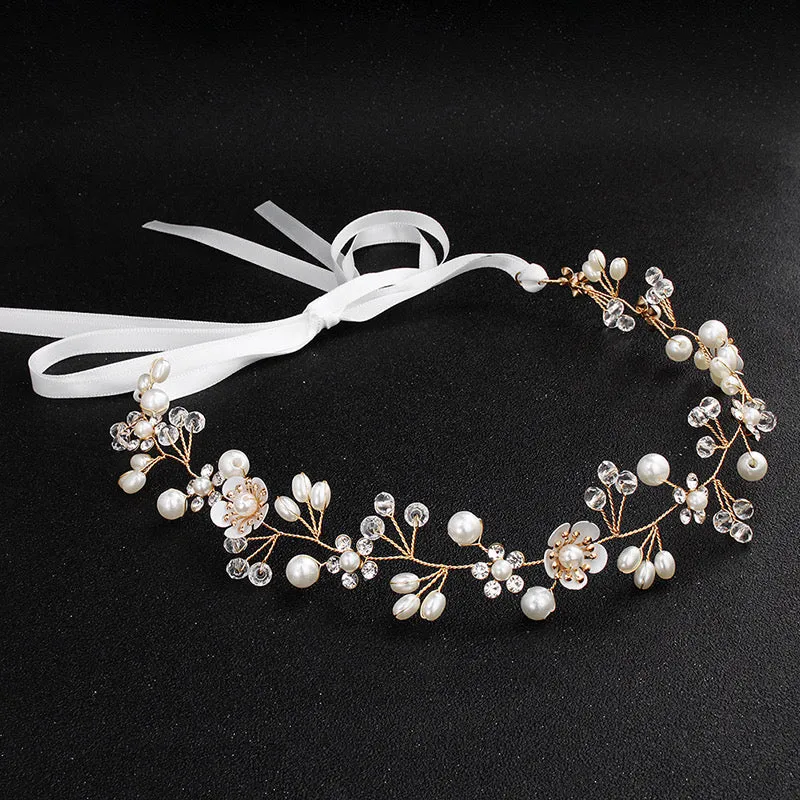 Gold Pearl Rhinestone Flower Bridal Tiara Headdress Bohemian Bride Floral Tie Ribbon Headdress