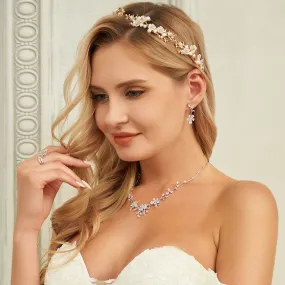Gold Pearl Rhinestone Flower Bridal Tiara Headdress Bohemian Bride Floral Tie Ribbon Headdress