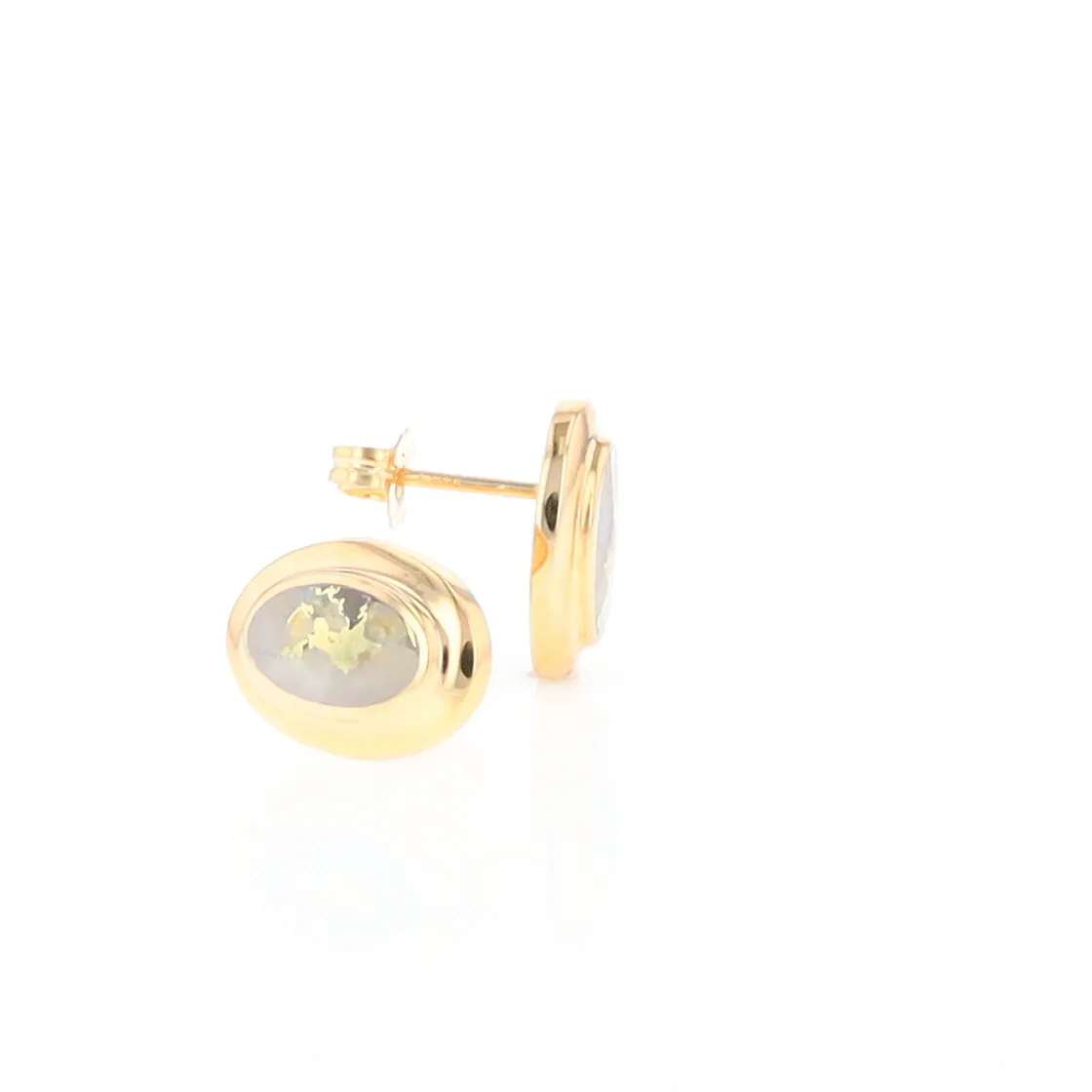 Gold Quartz Earrings Oval Inlaid Design Studs