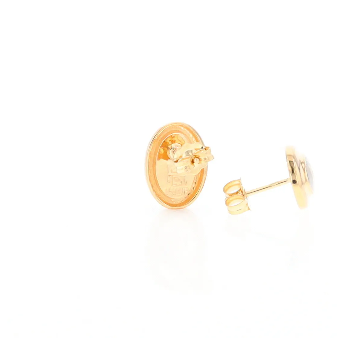 Gold Quartz Earrings Oval Inlaid Design Studs