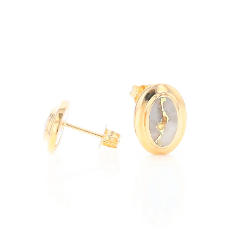 Gold Quartz Earrings Oval Inlaid Design Studs