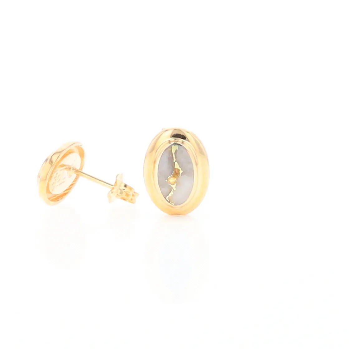 Gold Quartz Earrings Oval Inlaid Design Studs