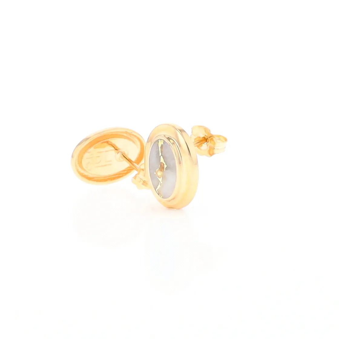 Gold Quartz Earrings Oval Inlaid Design Studs