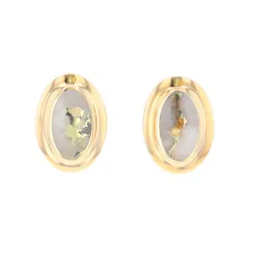 Gold Quartz Earrings Oval Inlaid Design Studs