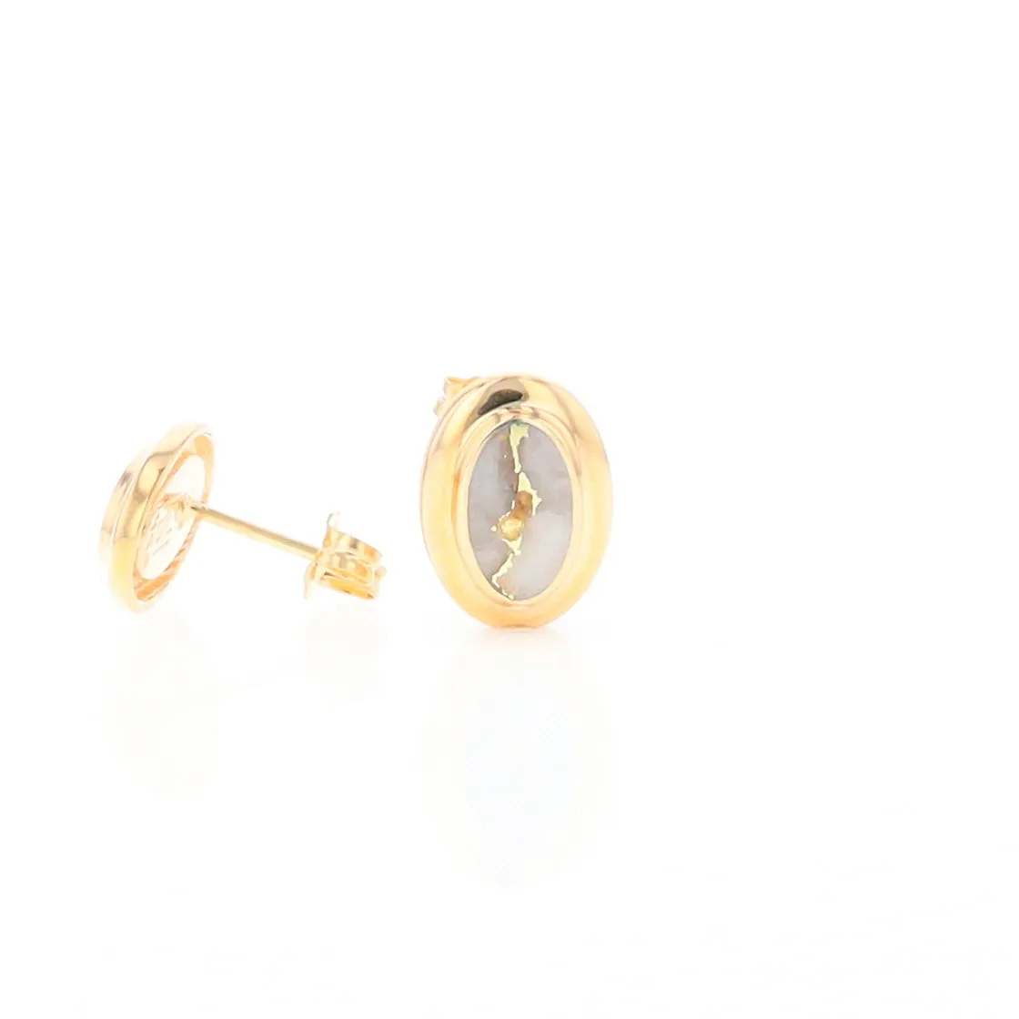 Gold Quartz Earrings Oval Inlaid Design Studs